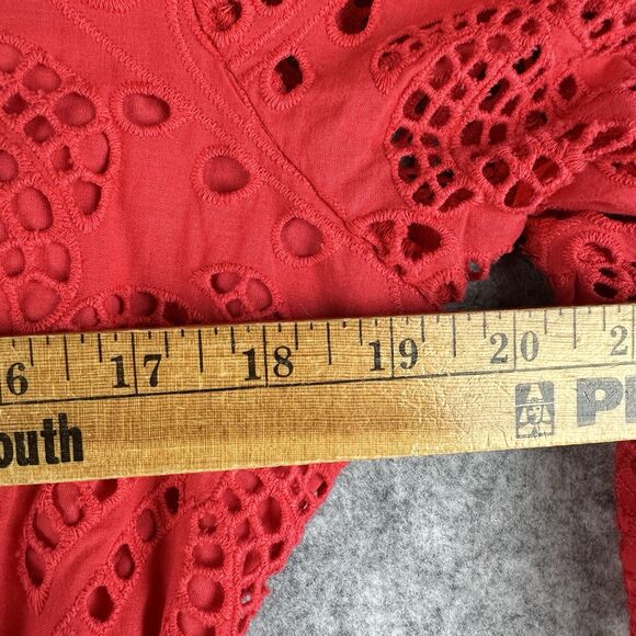 Farm Rio Red Eyelet Lace Palm Tree Belted Mini Dress Womens M Button Pockets - Picture 10 of 16
